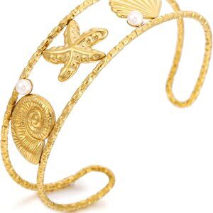 Gold Seashell Starfish Cuff Bangle for Women Ocean Nautical Summer Jewelry